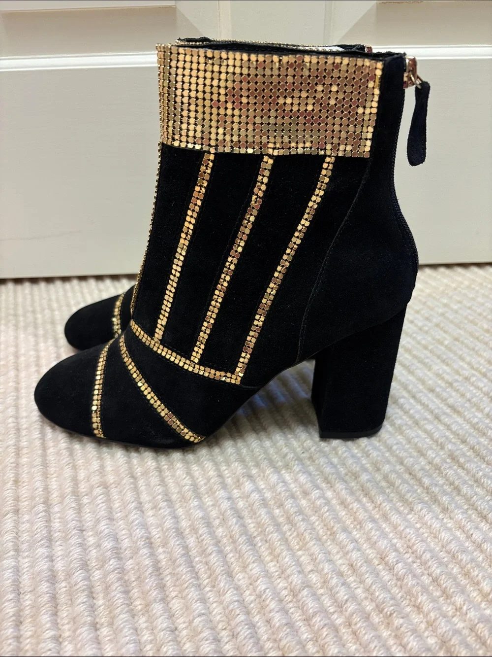 CECELIA NEW YORK demetri Black Suede Ankle Boots with Gold Sequin Trim